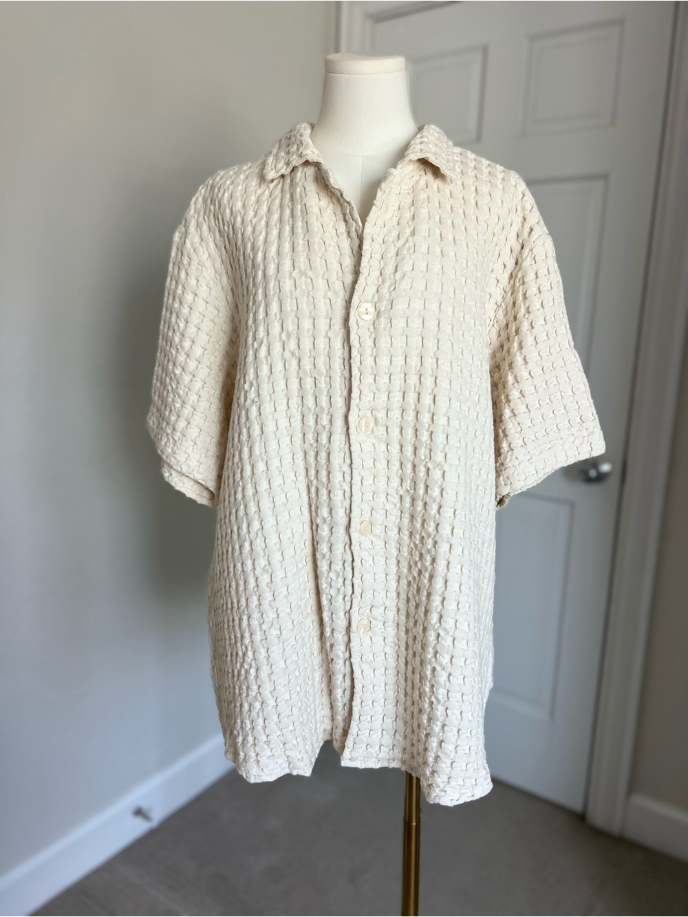 OAS Cuba Waffle Knit Shirt Ecru Textured Cotton Short Sleeve Button-Up XL Resort